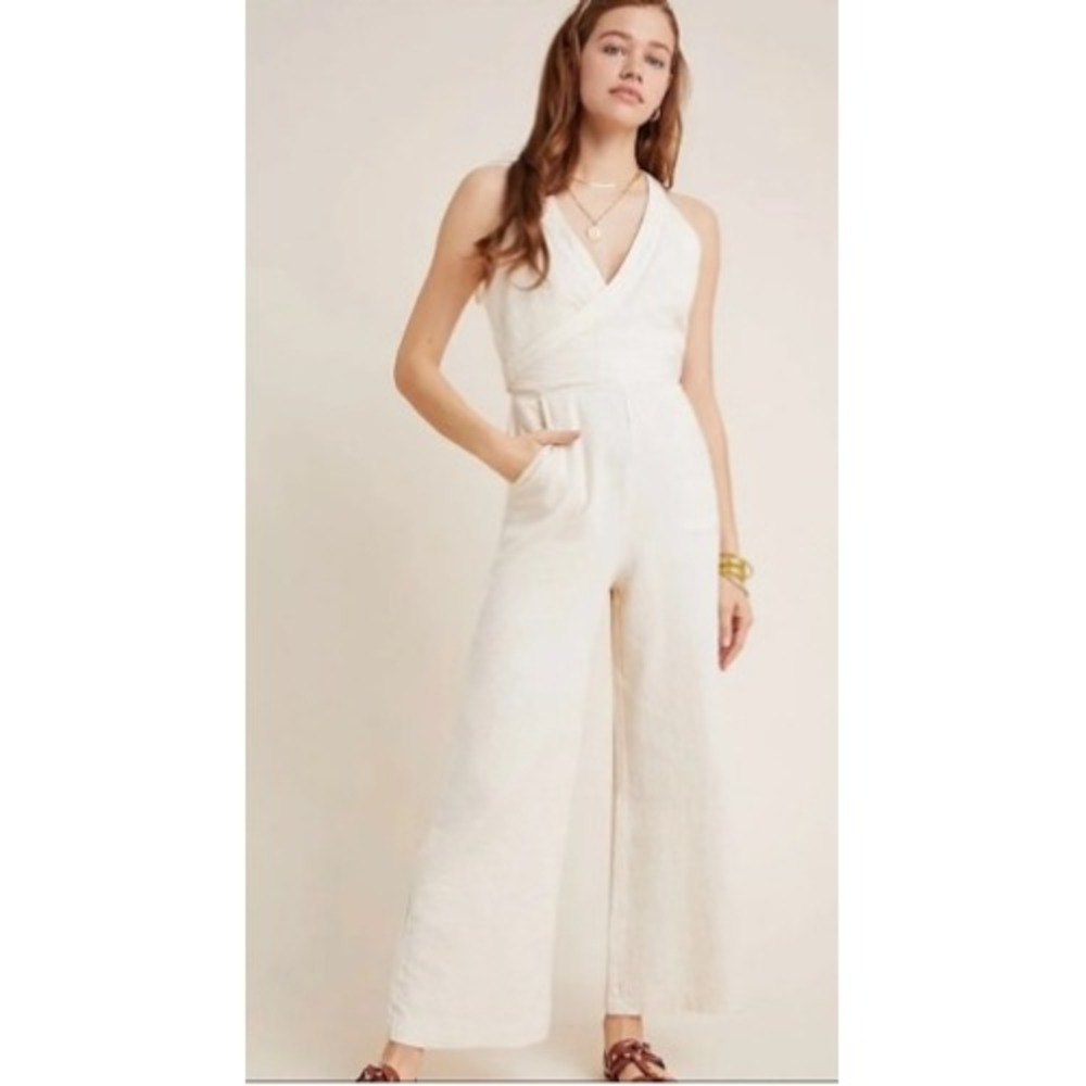 Anthropologie Demi Jumpsuit Womens 2 Ivory Wide Leg Wrap V-Neck Sleeveless Flaw